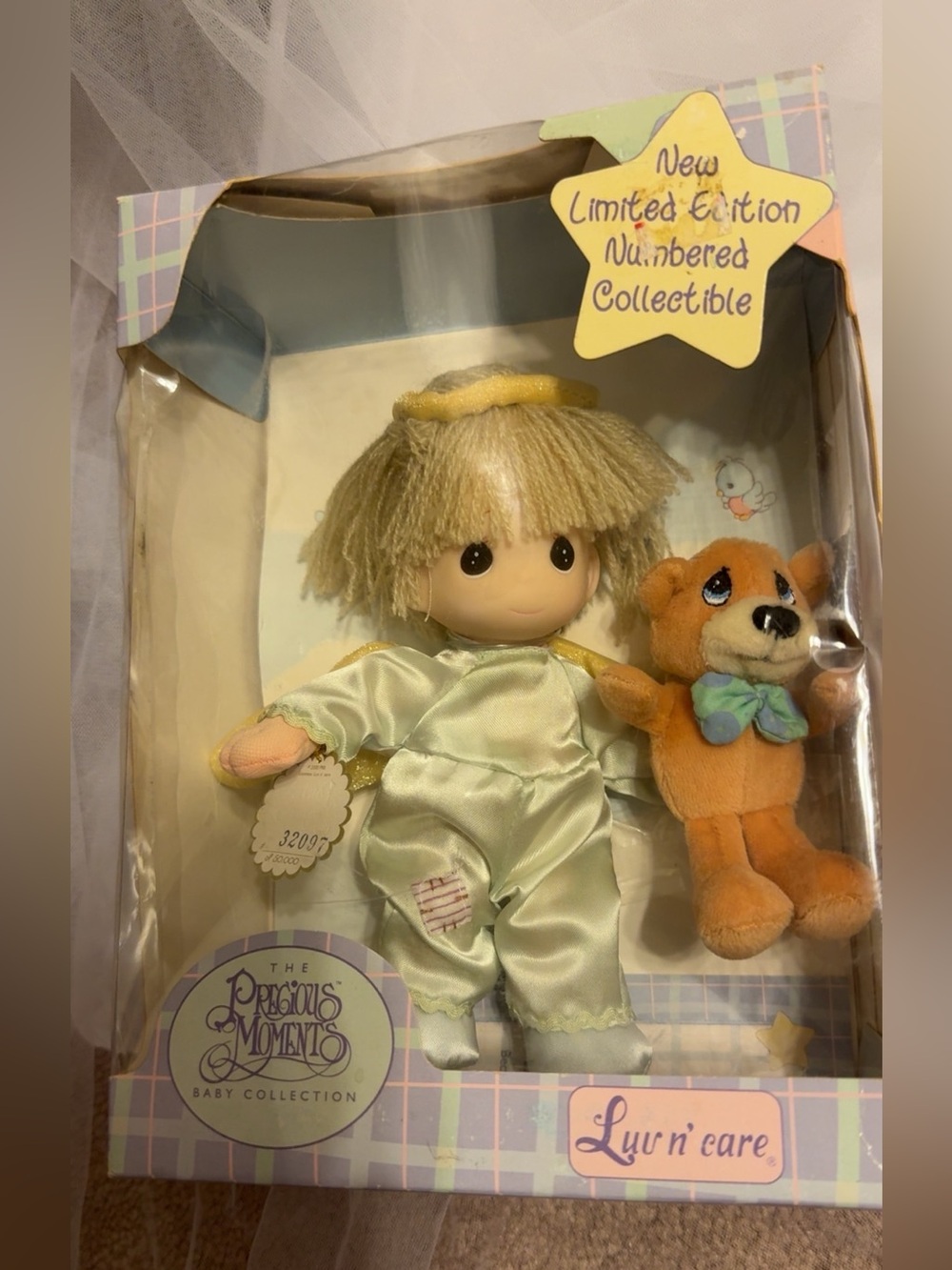 Vintage 2000 Precious Moments Doll in Pale Green Satin Outfit with Orange Teddy